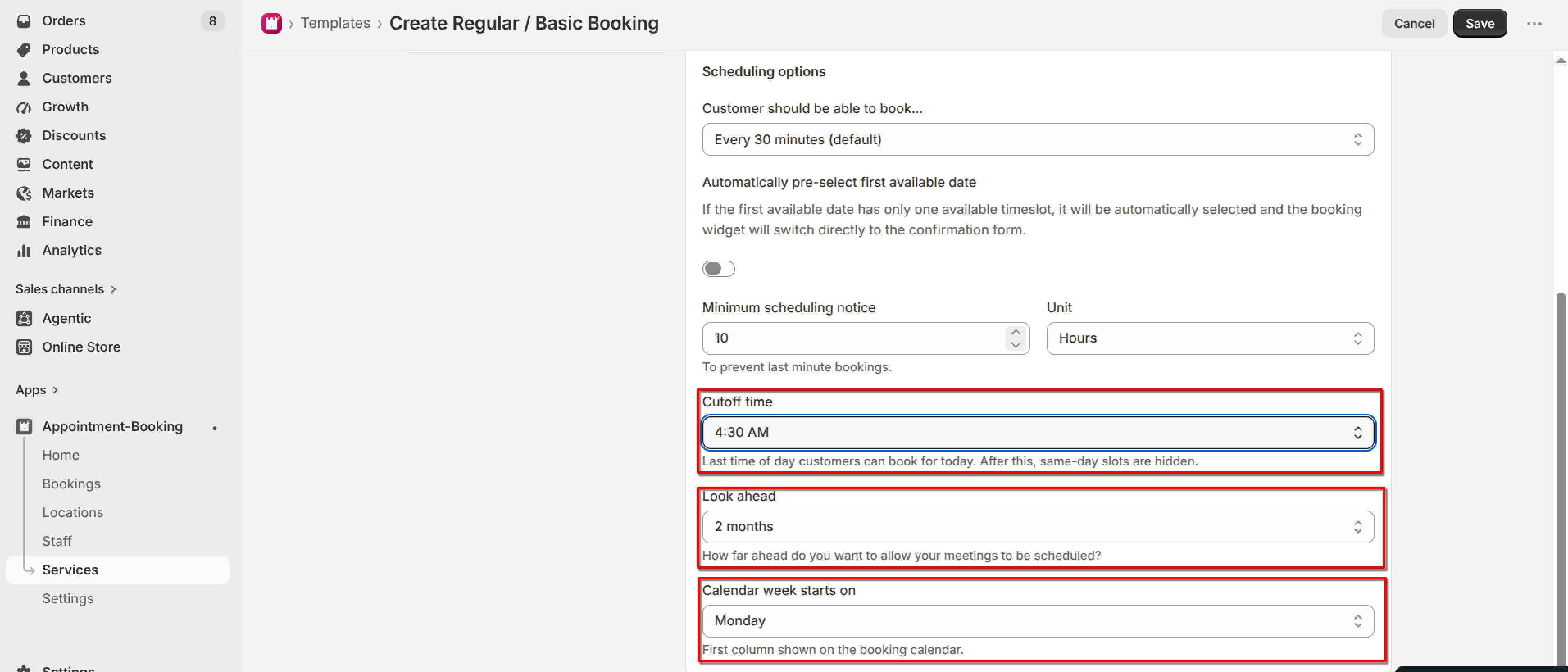Scheduling options with Cutoff time, Look ahead, and Calendar week starts on fields highlighted